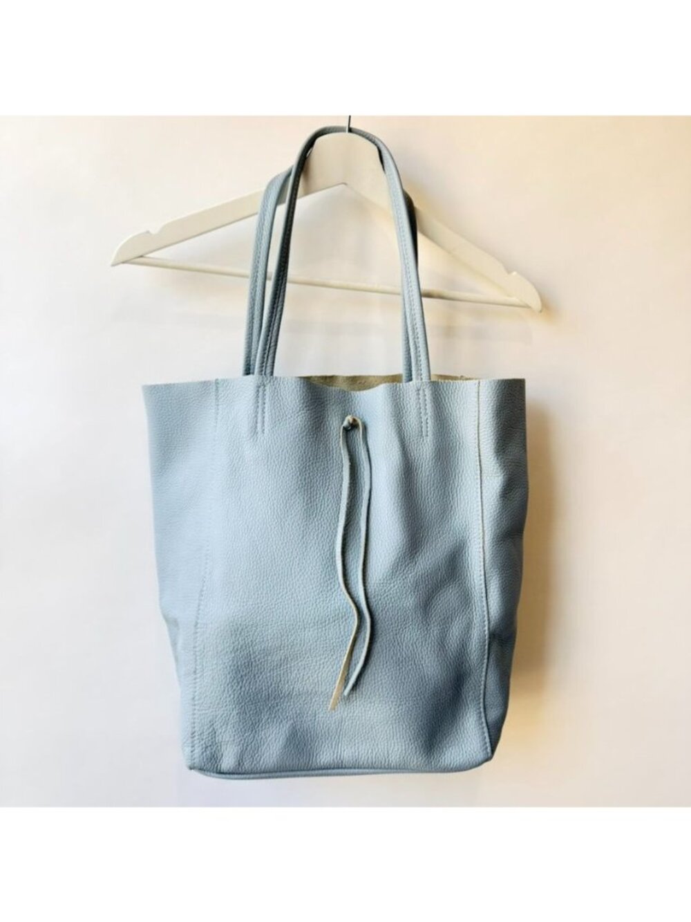 Genuine Italian Cowhide Leather Market Tote Bag Pale Blue - Picture 3 of 6
